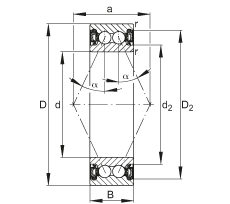 角接觸球軸承 3000-B-2RZ-TVH, 雙列，兩側(cè)間隙密封，接觸角 α = 25°