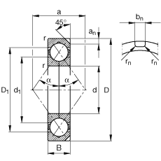 四點接觸球軸承 QJ248-N2-MPA, 根據(jù) DIN 628-4 的主要尺寸，可以拆卸，剖分內(nèi)圈，帶兩個止動槽